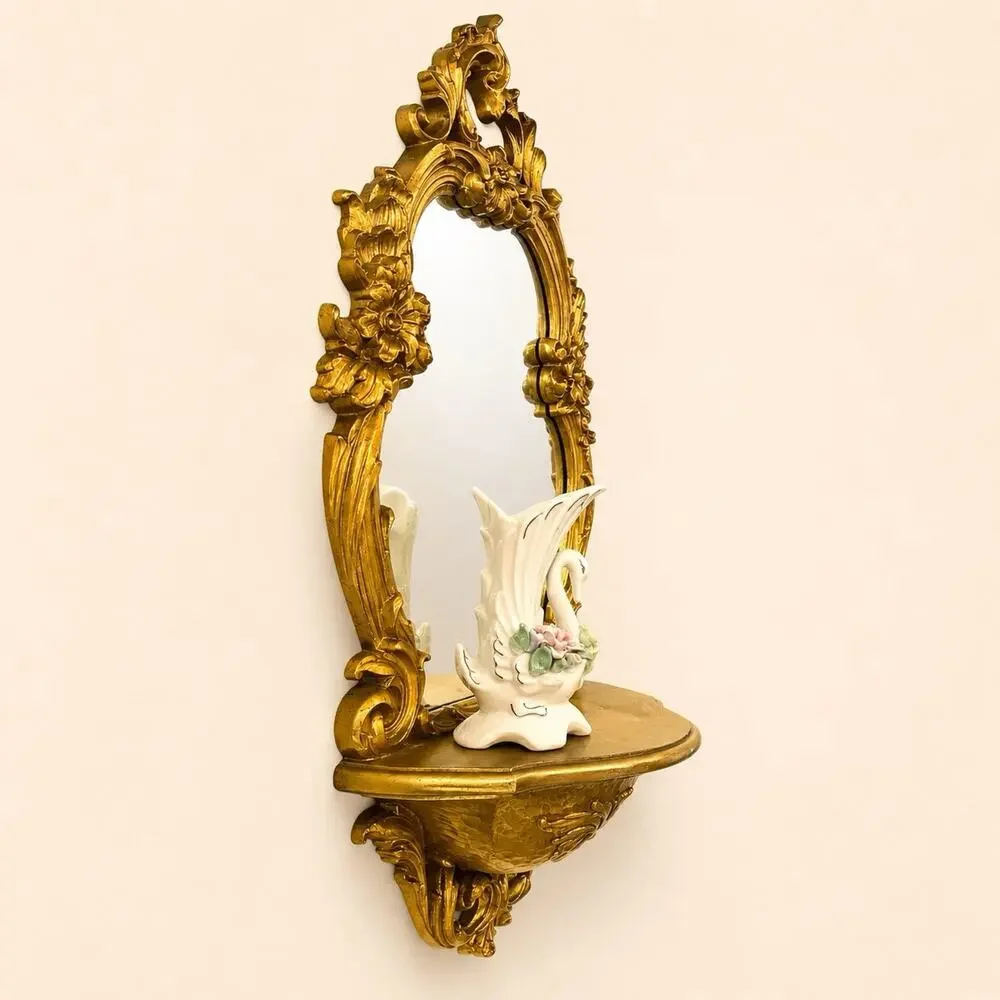 Vintage Syroco Gold Mirror Shelf Hollywood Regency Wall Decor